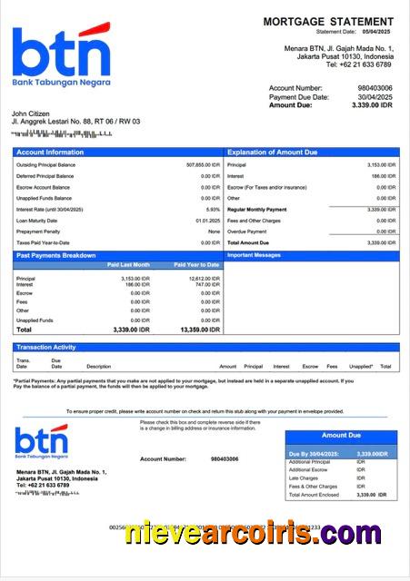 Indonesia Bank Tabungan Negara (BTN) mortgage statement Word and PDF template
